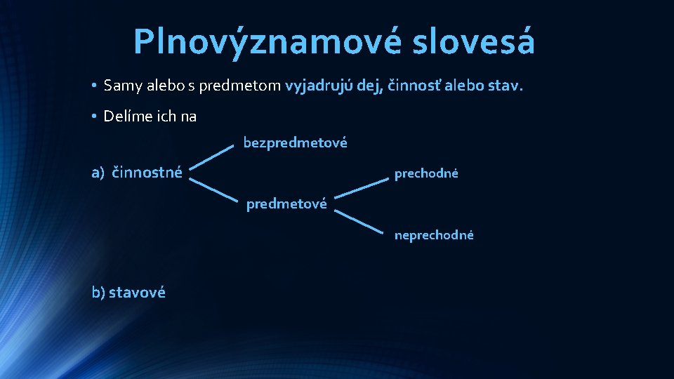 Plnovýznamové slovesá • Samy alebo s predmetom vyjadrujú dej, činnosť alebo stav. • Delíme