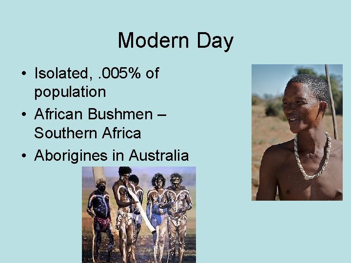 Modern Day • Isolated, . 005% of population • African Bushmen – Southern Africa