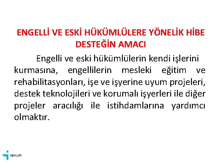 ENGELLİ VE ESKİ HÜKÜMLÜLERE YÖNELİK HİBE DESTEĞİN AMACI Engelli ve eski hükümlülerin kendi işlerini