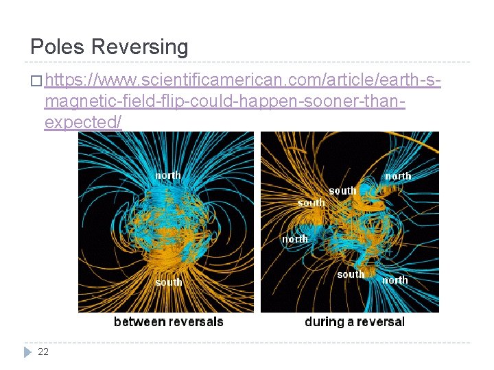 Poles Reversing � https: //www. scientificamerican. com/article/earth-s- magnetic-field-flip-could-happen-sooner-thanexpected/ 22 