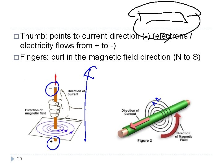 � Thumb: points to current direction (-) (electrons / electricity flows from + to