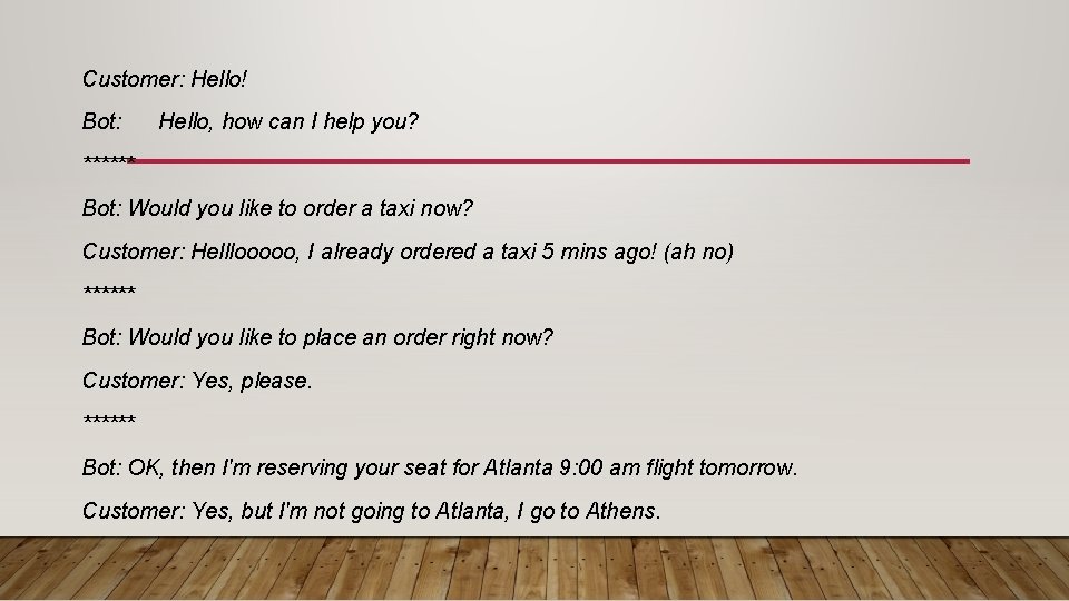 Customer: Hello! Bot: Hello, how can I help you? ****** Bot: Would you like