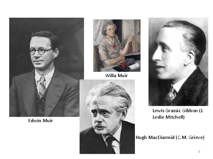 Willa Muir Edwin Muir Lewis Grassic Gibbon (J. Leslie Mitchell) Hugh Mac. Diarmid (C.