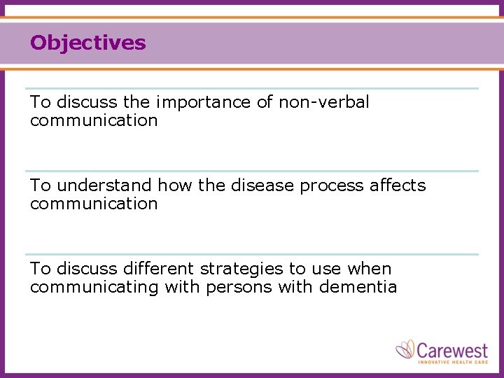 Objectives To discuss the importance of non-verbal communication To understand how the disease process