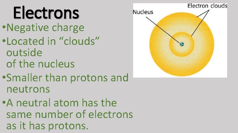 Electrons • Negative charge • Located in “clouds” outside of the nucleus • Smaller