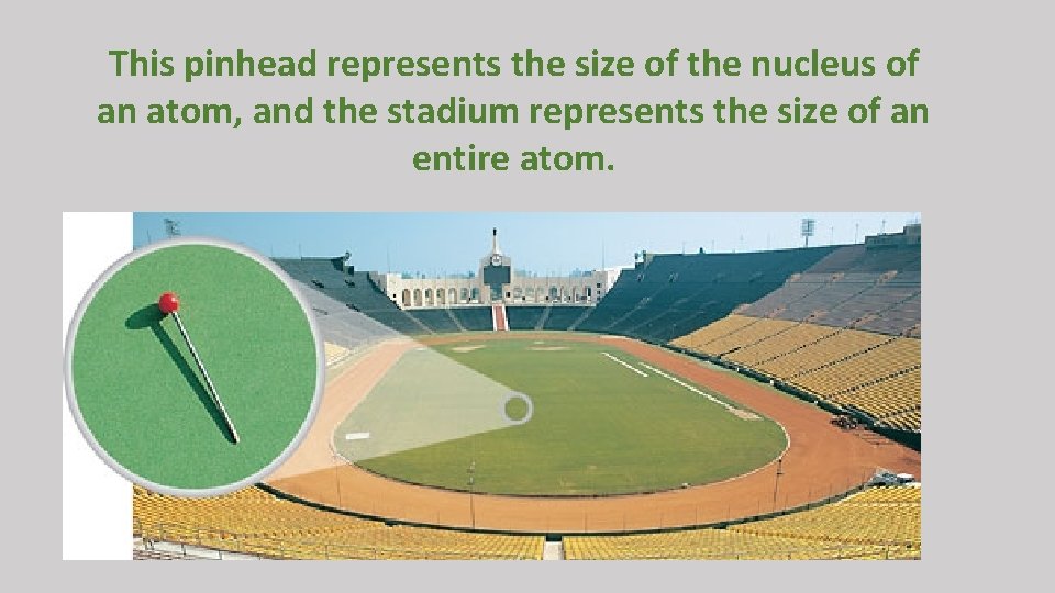 This pinhead represents the size of the nucleus of an atom, and the stadium