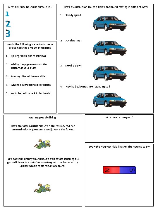 What are Isaac Newton’s three laws? Draw the arrows on the cars below to What are Isaac Newton’s three laws? Draw the arrows on the cars below to