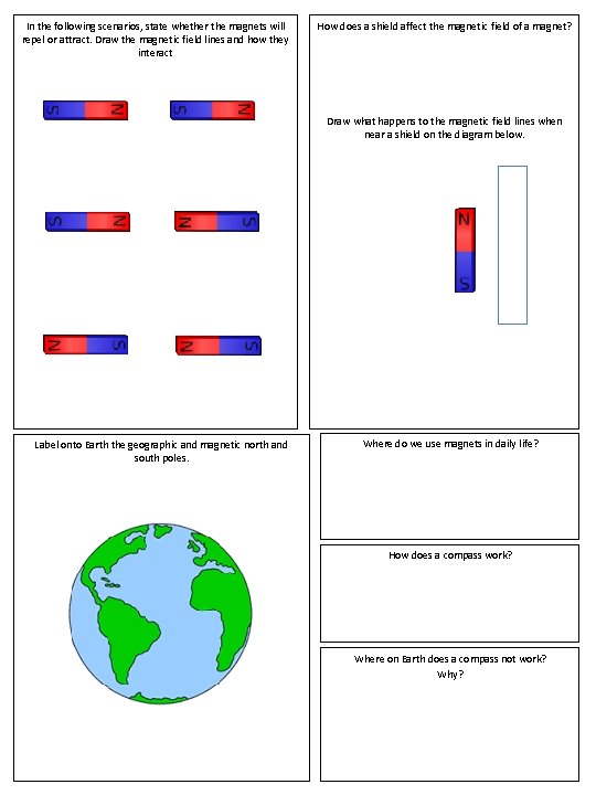 In the following scenarios, state whether the magnets will repel or attract. Draw the In the following scenarios, state whether the magnets will repel or attract. Draw the