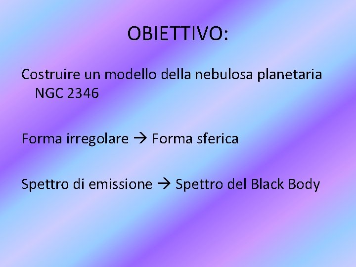 OBIETTIVO: Costruire un modello della nebulosa planetaria NGC 2346 Forma irregolare Forma sferica Spettro