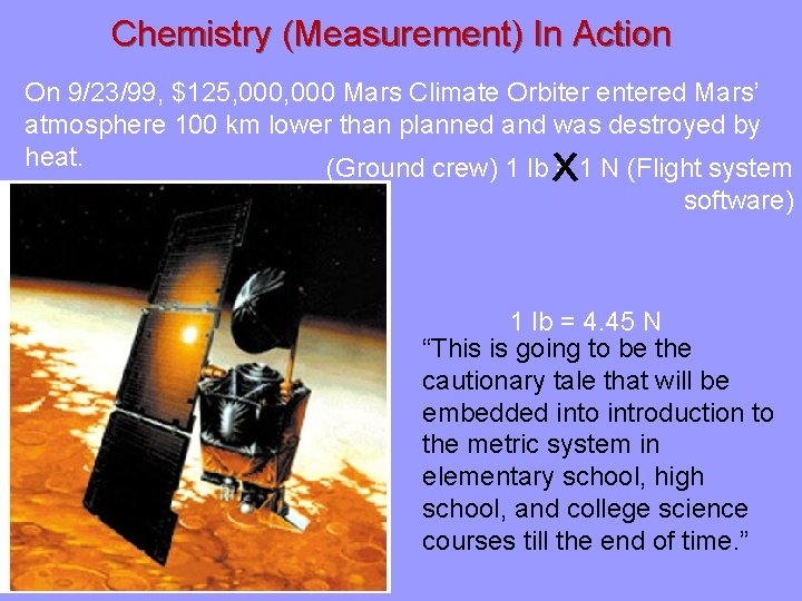Chemistry (Measurement) In Action On 9/23/99, $125, 000 Mars Climate Orbiter entered Mars’ atmosphere