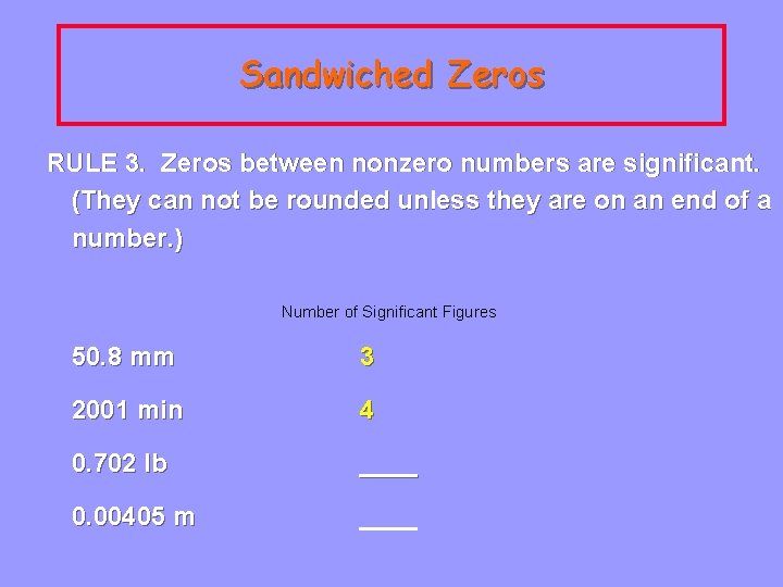Sandwiched Zeros RULE 3. Zeros between nonzero numbers are significant. (They can not be