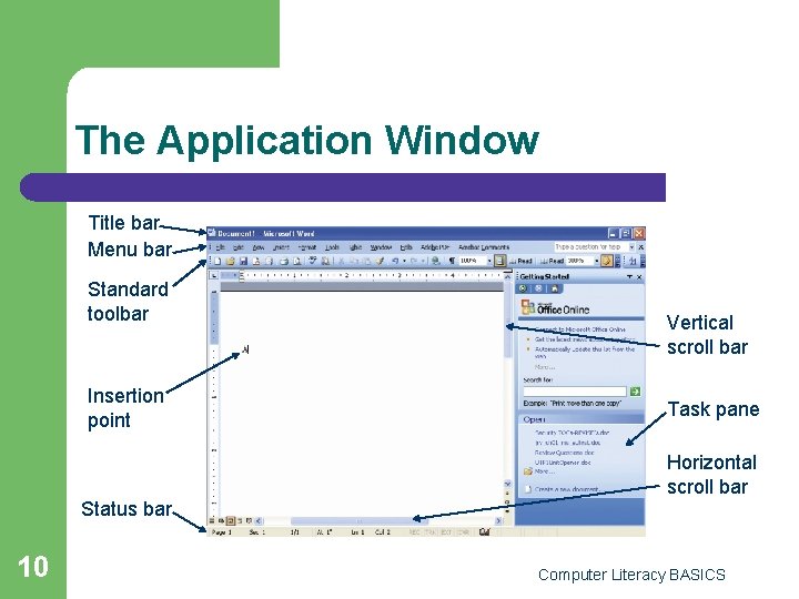 The Application Window Title bar Menu bar Standard toolbar Insertion point Vertical scroll bar