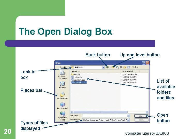 The Open Dialog Box Back button Look in box Places bar 20 Types of