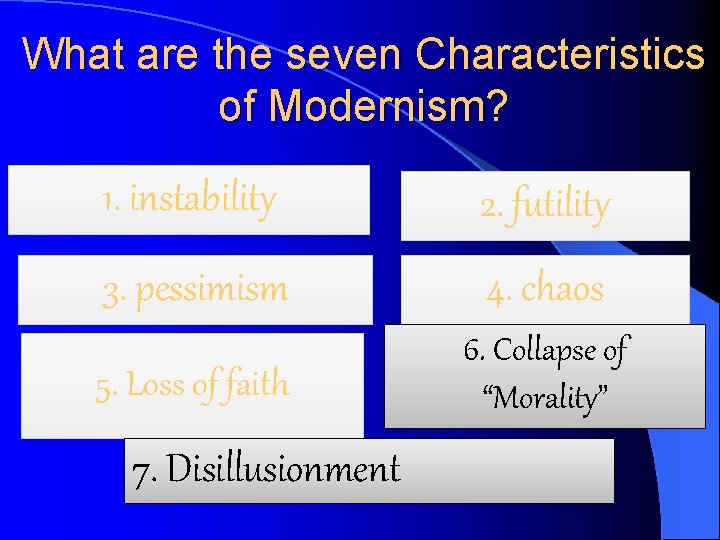 What are the seven Characteristics of Modernism? 1. instability 2. futility 3. pessimism 4.