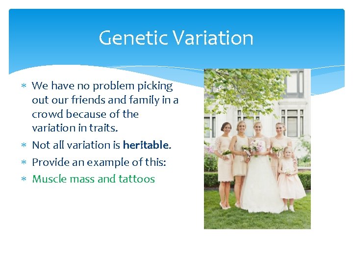 Genetic Variation We have no problem picking out our friends and family in a