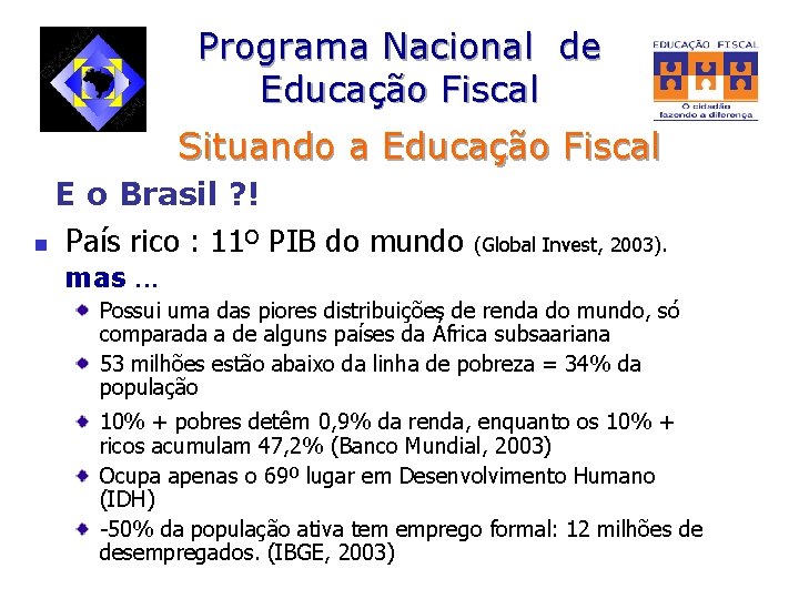 Programa Nacional de Educação Fiscal Situando a Educação Fiscal E o Brasil ? !