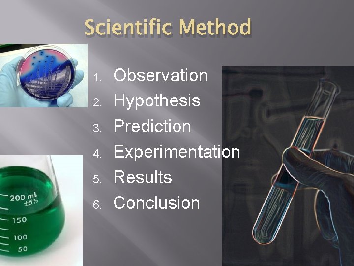 Scientific Method 1. 2. 3. 4. 5. 6. Observation Hypothesis Prediction Experimentation Results Conclusion