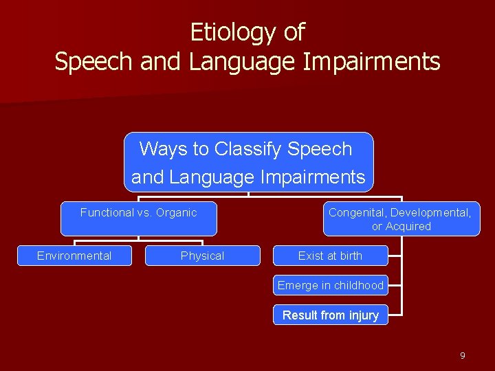 Etiology of Speech and Language Impairments Ways to Classify Speech and Language Impairments Functional