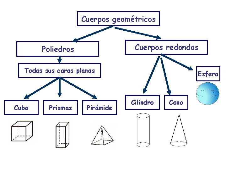 Cuerpos geométricos Cuerpos redondos Poliedros Todas sus caras planas Cubo Prismas Pirámide Esfera Cilindro