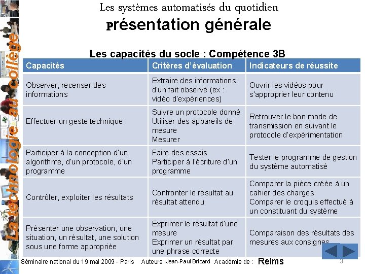 La technologie au collège Les systèmes automatisés du quotidien Présentation générale Les capacités du