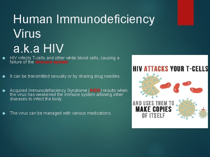 Human Immunodeficiency Virus a. k. a HIV infects T-cells and other white blood cells,