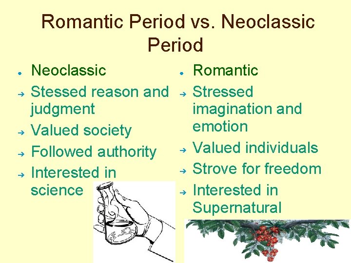 Romantic Period vs. Neoclassic Period ● ➔ ➔ Neoclassic Stessed reason and judgment Valued