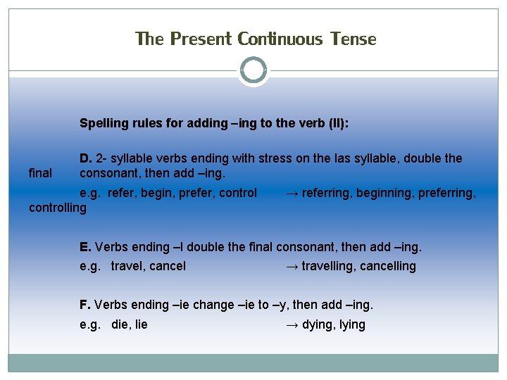 The Present Continuous Tense Spelling rules for adding –ing to the verb (II): final