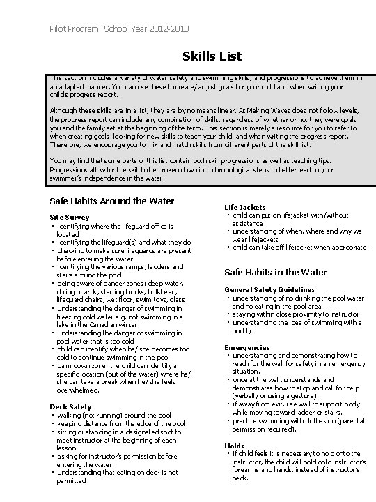 Pilot Program: School Year 2012 -2013 Skills List This section includes a variety of Pilot Program: School Year 2012 -2013 Skills List This section includes a variety of