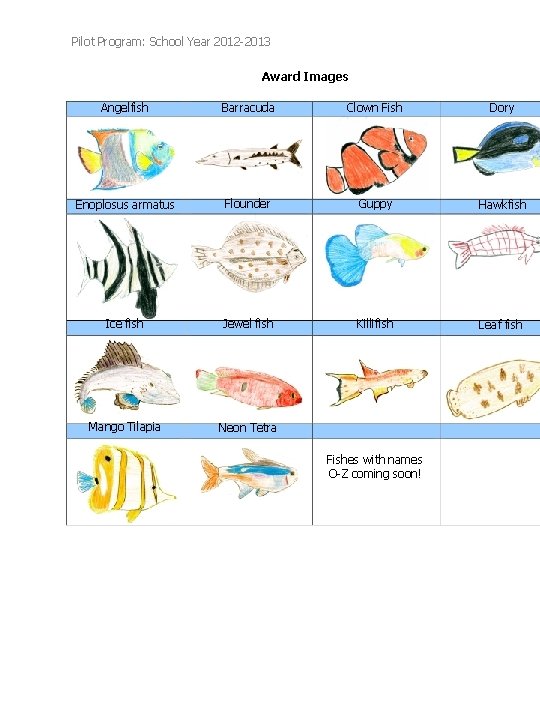 Pilot Program: School Year 2012 -2013 Award Images Angelfish Barracuda Clown Fish Dory Enoplosus Pilot Program: School Year 2012 -2013 Award Images Angelfish Barracuda Clown Fish Dory Enoplosus