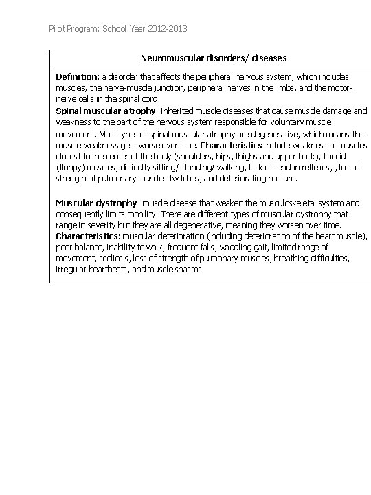 Pilot Program: School Year 2012 -2013 Neuromuscular disorders/ diseases Definition: a disorder that affects Pilot Program: School Year 2012 -2013 Neuromuscular disorders/ diseases Definition: a disorder that affects