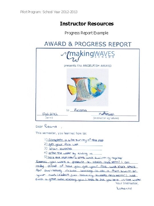 Pilot Program: School Year 2012 -2013 Instructor Resources Progress Report Example Pilot Program: School Year 2012 -2013 Instructor Resources Progress Report Example