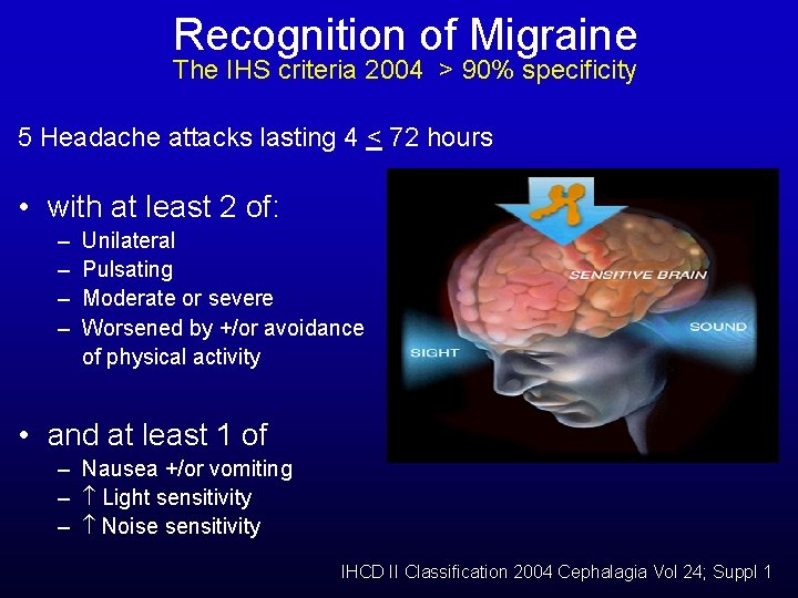 Recognition of Migraine The IHS criteria 2004 > 90% specificity 5 Headache attacks lasting