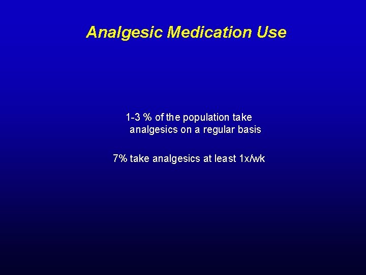 Analgesic Medication Use 1 -3 % of the population take analgesics on a regular