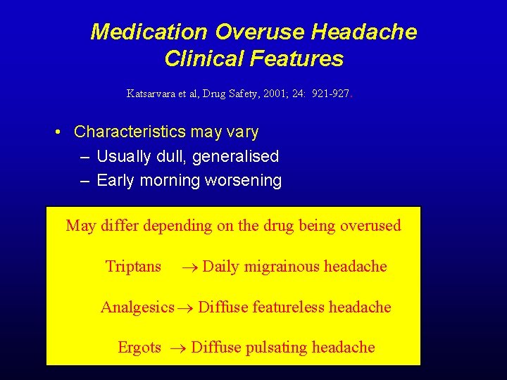 Medication Overuse Headache Clinical Features Katsarvara et al, Drug Safety, 2001; 24: 921 -927.