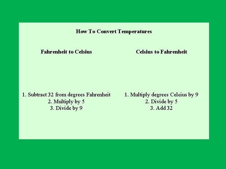 How To Convert Temperatures Fahrenheit to Celsius to Fahrenheit 1. Subtract 32 from degrees