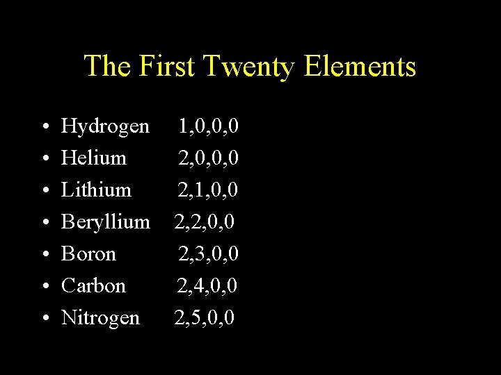 The First Twenty Elements • • Hydrogen Helium Lithium Beryllium Boron Carbon Nitrogen 1,