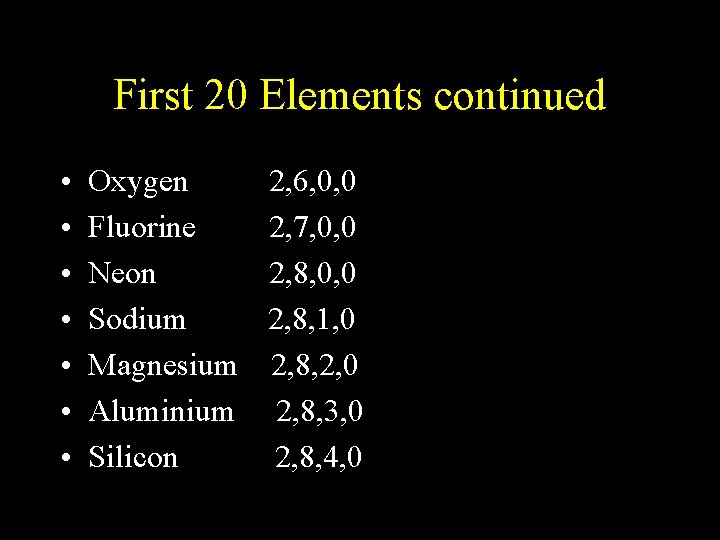 First 20 Elements continued • • Oxygen Fluorine Neon Sodium Magnesium Aluminium Silicon 2,