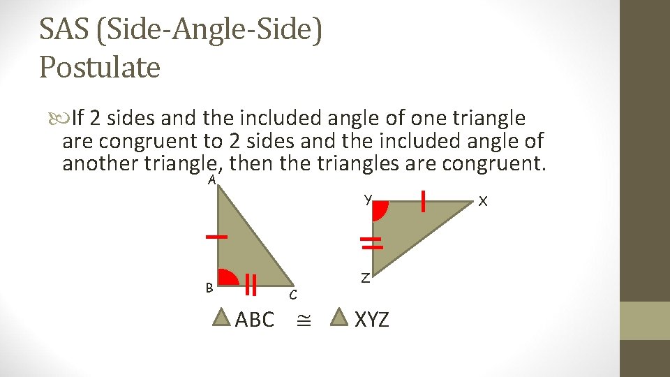 SAS (Side-Angle-Side) Postulate If 2 sides and the included angle of one triangle are