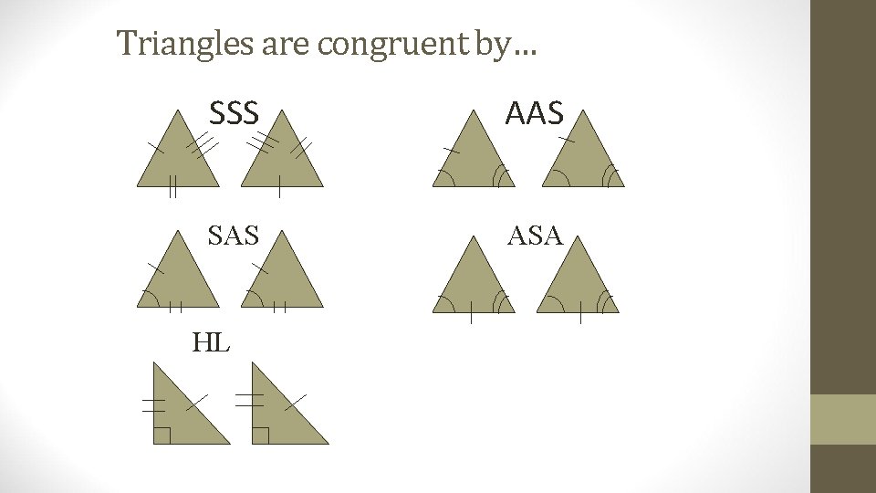 Triangles are congruent by… SSS AAS SAS ASA HL 