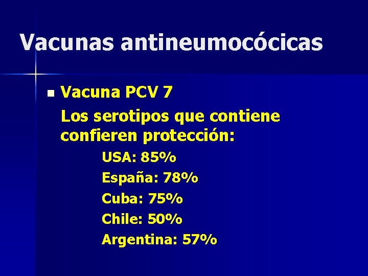 Vacunas antineumocócicas n Vacuna PCV 7 Los serotipos que contiene confieren protección: USA: 85%