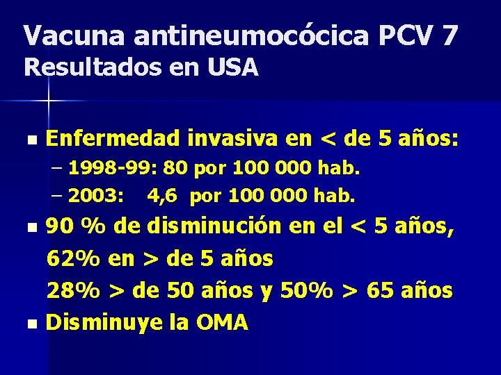 Vacuna antineumocócica PCV 7 Resultados en USA n Enfermedad invasiva en < de 5