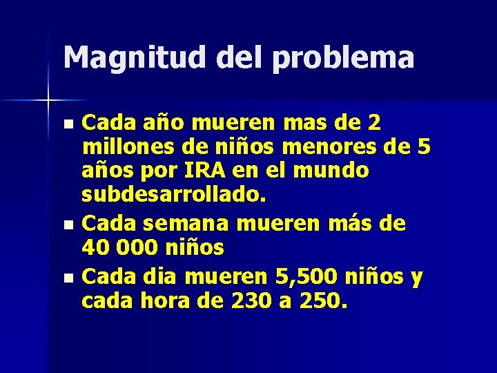 Magnitud del problema Cada año mueren mas de 2 millones de niños menores de