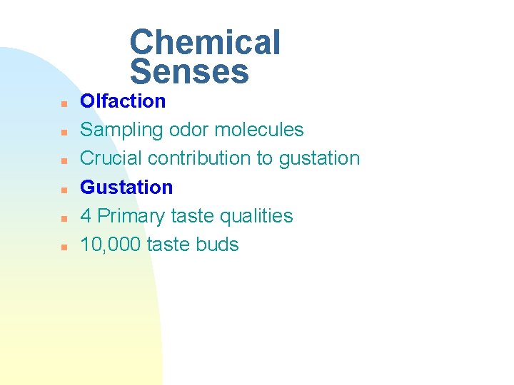 Chemical Senses n n n Olfaction Sampling odor molecules Crucial contribution to gustation Gustation