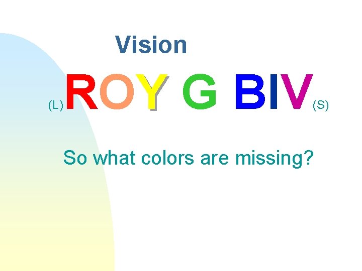 Vision (L) ROY G BIV (S) So what colors are missing? 