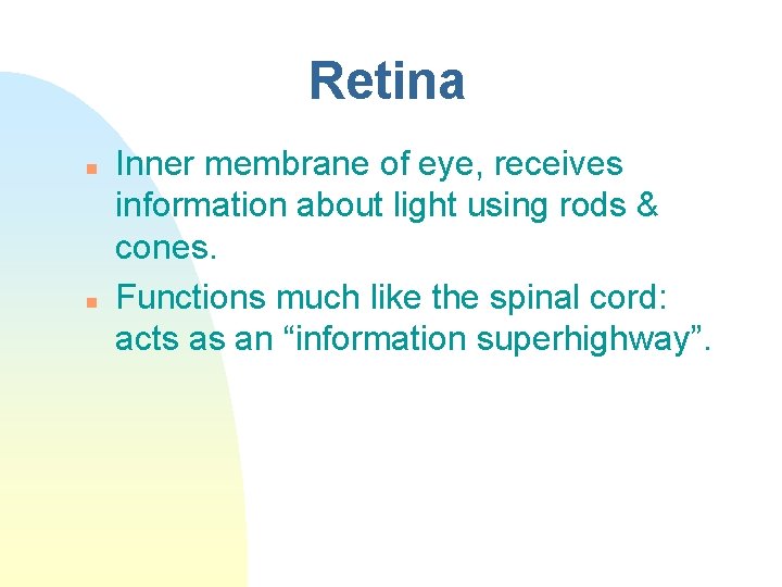 Retina n n Inner membrane of eye, receives information about light using rods &