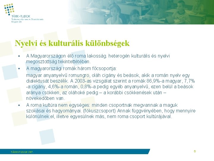 Nyelvi és kulturális különbségek § § § A Magyarországon élő roma lakosság. heterogén kulturális