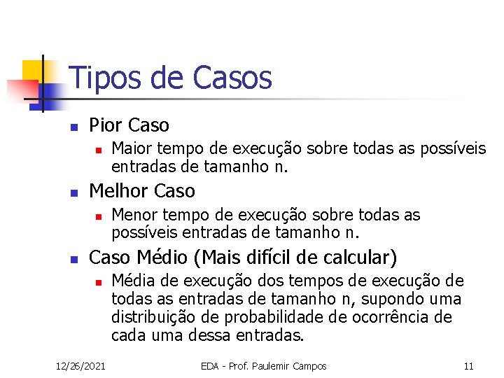 Tipos de Casos n Pior Caso n n Melhor Caso n n Maior tempo