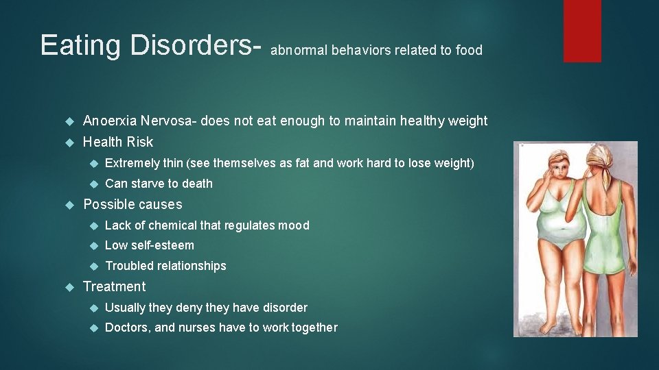 Eating Disorders- abnormal behaviors related to food Anoerxia Nervosa- does not eat enough to