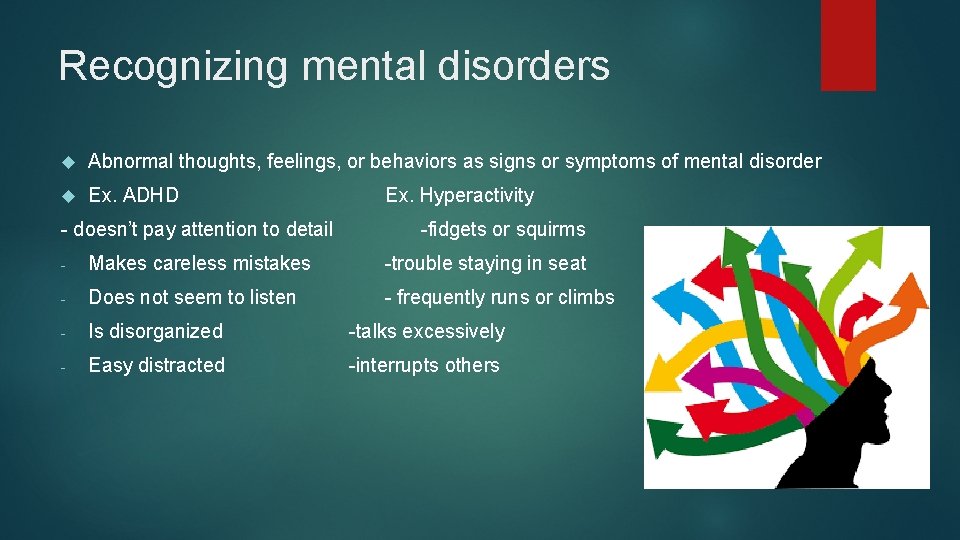 Recognizing mental disorders Abnormal thoughts, feelings, or behaviors as signs or symptoms of mental