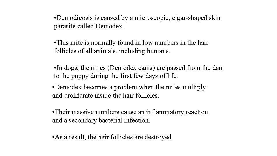  • Demodicosis is caused by a microscopic, cigar-shaped skin parasite called Demodex. •